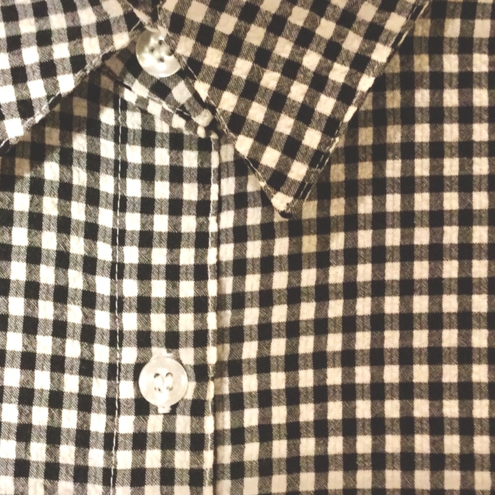 Black White Gingham Seersucker 3/4 Sleeve Collared Button Down Jacket Shirt Top - Picture 3 of 8